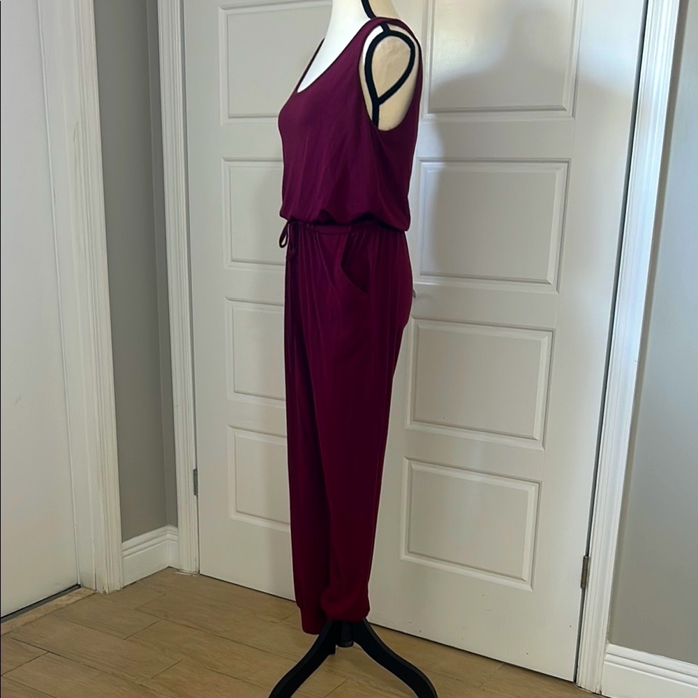Women’s Burgundy Sleeveless Jumpsuit with Relaxed Fit Elastic Waist and Pockets - Picture 2 of 8